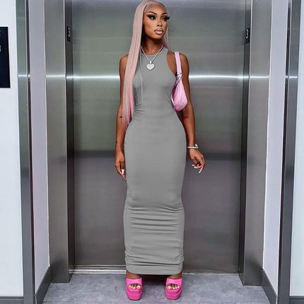 Women's Solid Color Sleeveless Round Neck Slim Dress