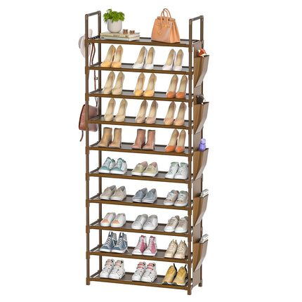 LUKYTOWER Tall Shoe Rack 10 Tier Shoe Racks Organizer for Closet 30 - 35PairsLarge Capacity Storage Rack for Shoes with 5Hooks and Side PocketSturdy Metal Shoe Shelf Vertical Shoe Stand Tower - Lamarshop1