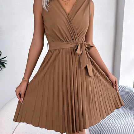 Cross V-Neck Sleeveless Pleated Dress for Women