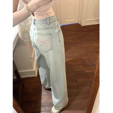 Ballet Embroidery Light Blue Wide-Leg Jeans