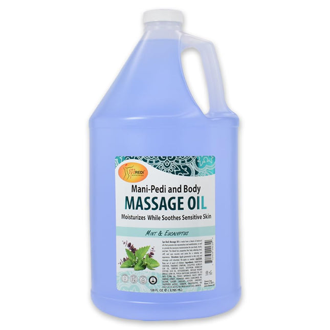 SPA REDI - Massage Oil Mint Eucalyptus 128 Oz - Professional Pedicure Manicure Body Massage Therapy Made with Almond Oil Cotton Seed Oil Sunflower Oil Avocado Oil Essential Oils Vitamin E