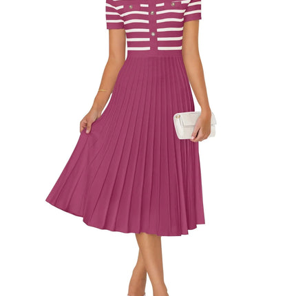 ZESICA Womens Casual Striped Midi Dress Crewneck Short Sleeve Button Ribbed Knit Swing Pleated A Line DressesPlumMedium - Lamarshop1