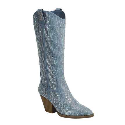 Womens Rhinestones Cowboy Knee High Boots River 11 Blue Denim Rhinestone 8 - Lamarshop1