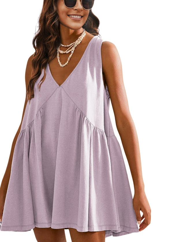 Qiaomai Womens Summer Casual Sleeveless Tank Dress V Neck Mini Dresses Beach Sundress (Mauve-M)