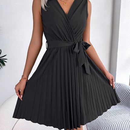 Cross V-Neck Sleeveless Pleated Dress for Women