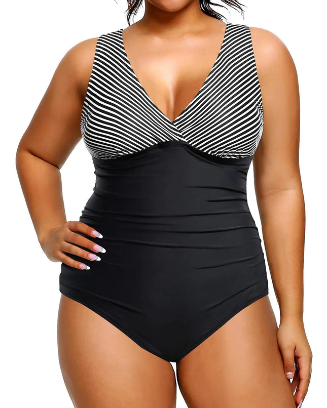 Aqua Eve Women Plus Size One Piece Swimsuits Tummy Control Bathing Suits V Neck Ruched Swimwear Black Striped 24W - Lamarshop1