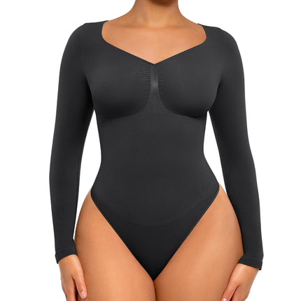 FeelinGirl Black Long Sleeve Shirt for Woman Tummy Control Bodysuit Thong Going Out Slimming Tops Black M - Lamarshop1