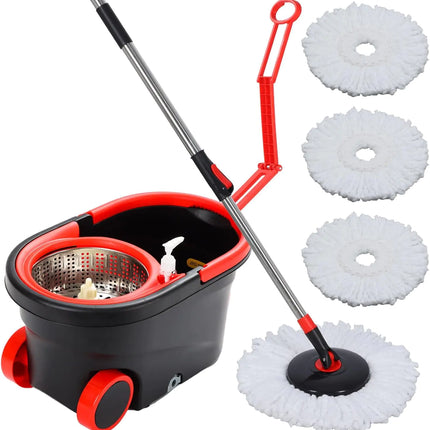 Spin Mop and Bucket with Wringer Set on Wheels 360° Spinning Mop Bucket System with 3 Microfiber Mop Replacement Heads and 61" Stainless Steel Adjustable Handle for Floor Cleaning (25QT) - Lamarshop1