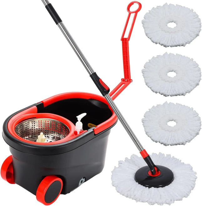 Spin Mop and Bucket with Wringer Set on Wheels 360° Spinning Mop Bucket System with 3 Microfiber Mop Replacement Heads and 61" Stainless Steel Adjustable Handle for Floor Cleaning (25QT) - Lamarshop1