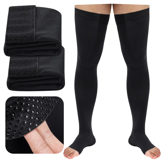 20 - 30 Mmhg Compression Socks Open Toe Thigh High Compression Stockings for Men and Women with Non - slip silicone （XXL Black） - Lamarshop1