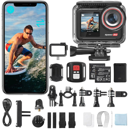 Hiicam Action Camera Speed 60 4K60FPS 48MP WiFi with 2.35" HDR Touch Screen EIS 8X Zoom Remote ControlBare Machine Waterproof 33FT with Waterproof Case 131FT 2x2150mAh Battery 30 Burst Vlog Camera - Lamarshop1