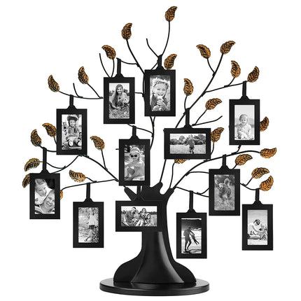 Family Tree Picture Frame - Includes 12 Hanging 2x3 Picture Frames - Perfect for Mothers Day Birthdays Christmas Day Anniversary - Adjustable Ribbon Tassels - Black