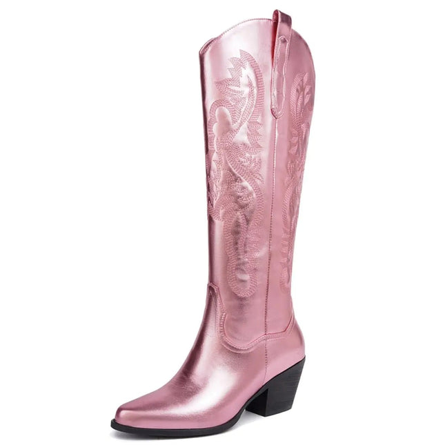 BIUBAKUA Pink Metallic Cowboy Boots for Women Western Embroidered Cowgirl Boots Pointed Toe Chunky Heel Knee High Boots with Side Zipper - Lamarshop1