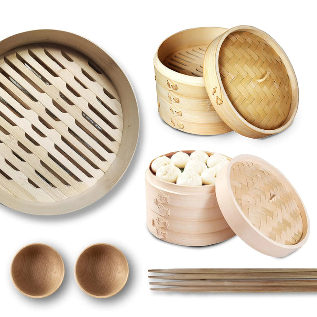 Grown Goods Bamboo Steamer Handmade Basket with Lid | 10 inch 2 Tier Steaming Basket Traditional Design | For Dumplings Rice Dim Sum Vegetables Fish and Meat | Includes 50 liners 2 bamboo sauce - Lamarshop1