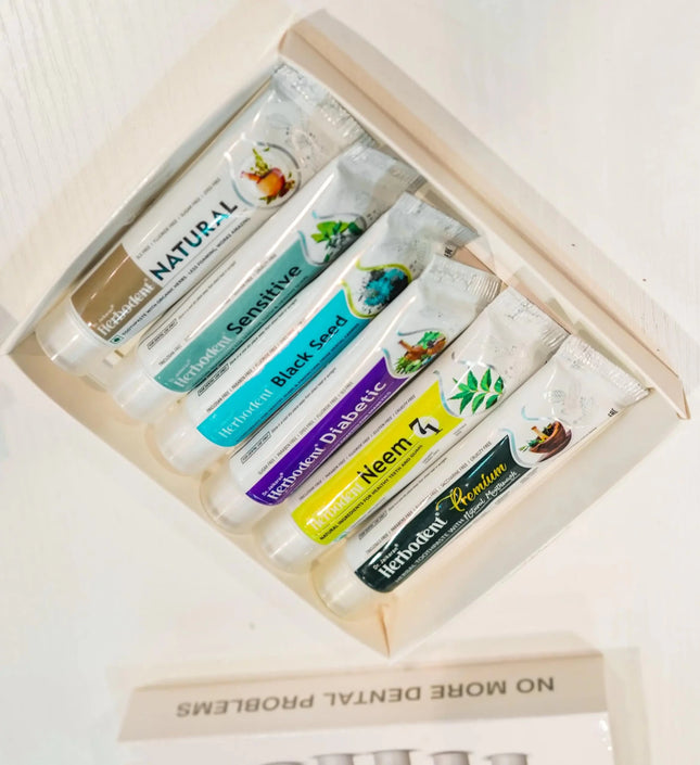 Amazing Toothpaste Minis - Travel Pack | Herbodent® Natural | Herbodent® Premium | Herbodent® Sensitive | Herbodent® Blackseed | Herbodent® Diabetic | Herbodent® NEEM 7 in 1 Toothpaste - 1 of Each - Lamarshop1