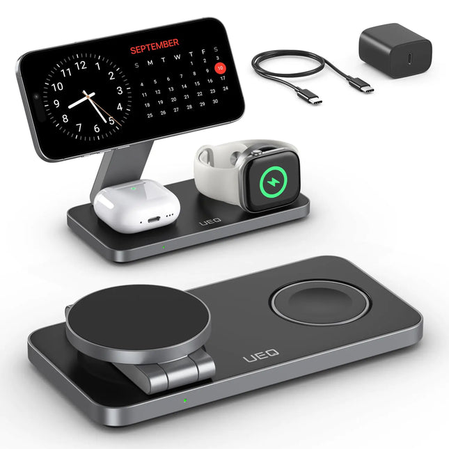 Foldable 3 in 1 Wireless Charging Station for Apple Compatible with Magsafe Charger Stand,Magnetic Wireless Charger Station for iPhone 16 15 14 13 12 Series,Airpods Pro,Apple Watch(Carbon Black) - Lamarshop1