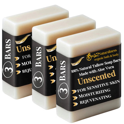 Premium Grass - Fed Tallow Soap Bars | Unscented | Revitalizes Skin | With Aloe Vera | 5 - Star Results | (3 Bars) | Handmade | All Natural | Moisturizing | Exfoliating - Lamarshop1