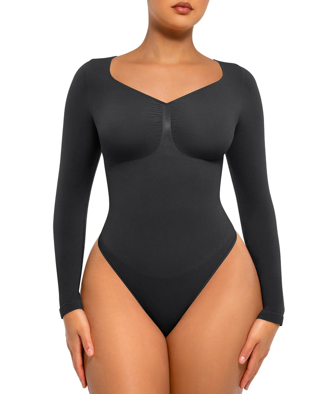 FeelinGirl Black Long Sleeve Shirt for Woman Tummy Control Bodysuit Thong Going Out Slimming Tops Black M - Lamarshop1