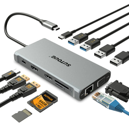 USB C Hub SUTOUG Docking Station 12 in 1 USB C Adapter Dongle with Dual HDMI 4K VGA 1080P 1000Mbps Ethernet PD 3.0 100W USB-C 3.0 TF/SD Card Slot Laptop Docking for MacBook and Windows USB-C Laptop