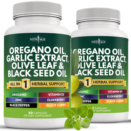 NEW AGE Oregano Oil Garlic Extract Olive Leaf with Astragalus - Supplement for Women and Men - 120 Count - Lamarshop1