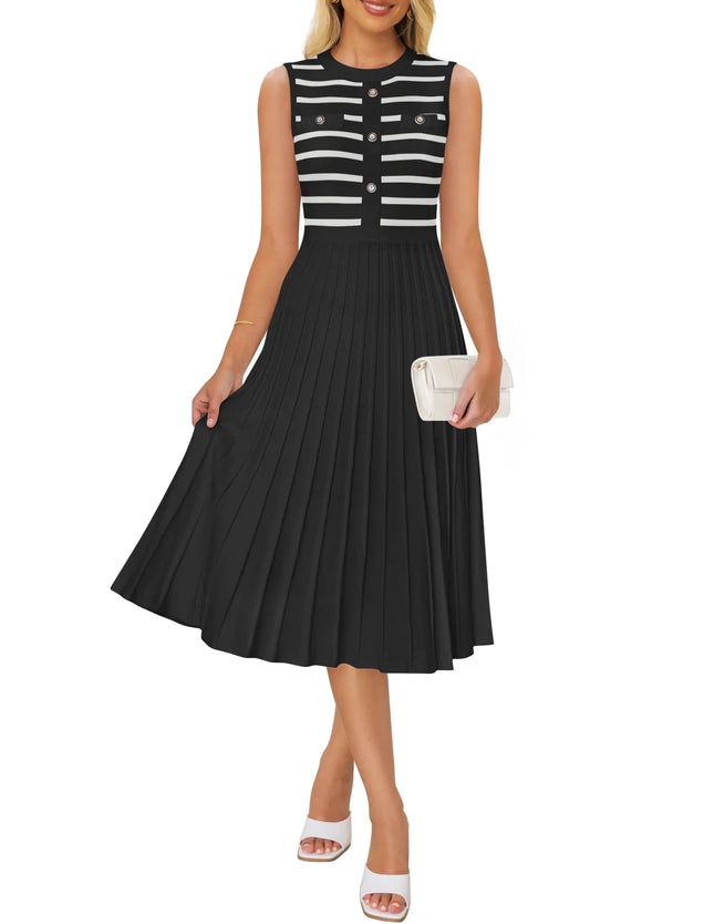 ZESICA Womens Sleeveless Striped Midi Dress Summer Crewneck Button Knit Swing Pleated A Line Casual DressesBlackX - Large - Lamarshop1