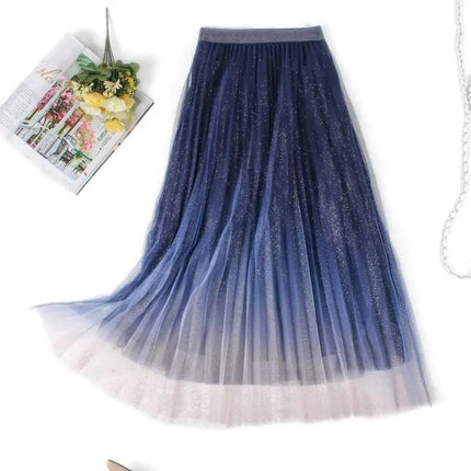 High - Waisted Pleated Skirt with Gradient Mesh Design - Lamarshop1