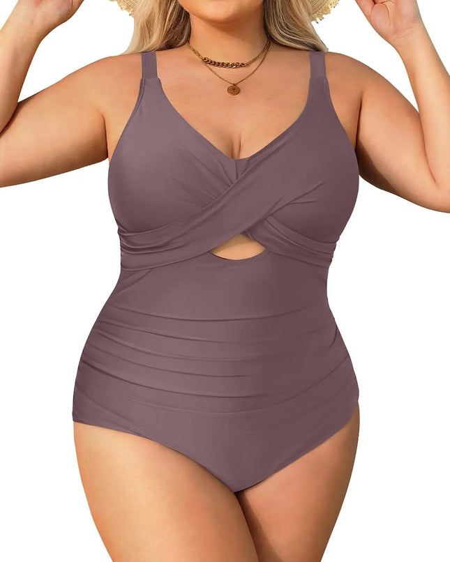 Daci Brown Plus Size One Piece Swimsuits - Tummy Control Bathing Suit for Women Cutout Swimwear 22W - Lamarshop1