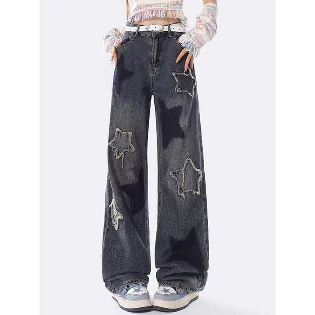High-Waisted Vintage Wash Color Block Wide-Leg Jeans