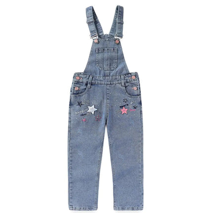 Peacolate 5 - 10years Little Big Girls Star Embroidery Blue Denim Overalls(6 - 7Years) - Lamarshop1