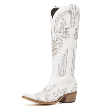 Western Cowboy Boots for Women Embroidered Rhinestones Knee High Cowgirl Boots Pointed Toe Chunky Heel Fashion Retro Classic Tall Boot - Lamarshop1