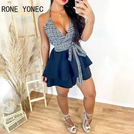 Chic Women’s Halter V Neck Plaid Top & Ruffle Mini Skirt