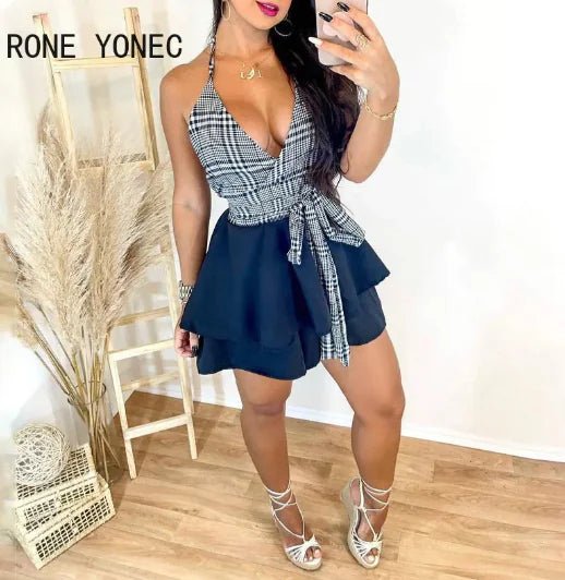 Chic Women’s Halter V Neck Plaid Top & Ruffle Mini Skirt