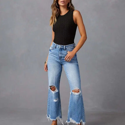 High Waist Wide Leg Jeans with Water Washed Holes