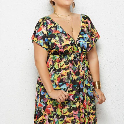 Printed Deep V-Neck Dress with Elastic Waist