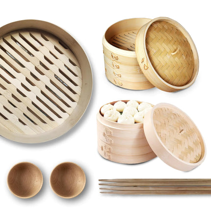 Grown Goods Bamboo Steamer Handmade Basket with Lid | 10 inch 2 Tier Steaming Basket Traditional Design | For Dumplings Rice Dim Sum Vegetables Fish and Meat | Includes 50 liners 2 bamboo sauce - Lamarshop1