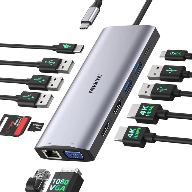 Docking Station 3 Monitors for Windows Laptop USB C Docking Station with Dual HDMI 4K 60Hz 1 VGA 5 USB-A 100W PD Ethernet Mic/Audio SD/TF USB Hub for Laptop for Dell XPS/HP/Lenovo/Surface