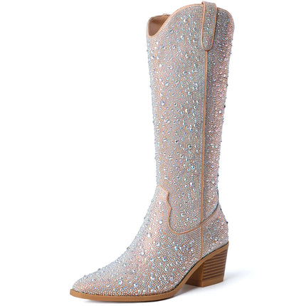 Susanny Rhinestone Cowboy Boots for Women Western Knee High Boots Glitter Low Block Heel Cowgirl Booties Mid Calf Sparkly Boots Party Chunky Heel Boots 10 - Lamarshop1