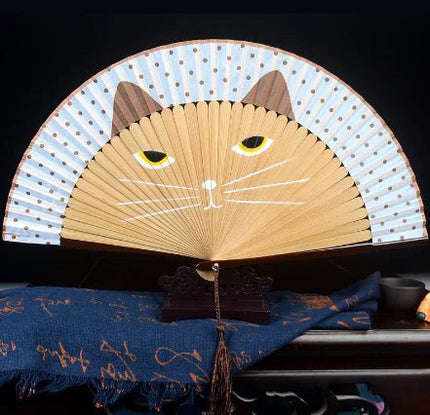 Hand - Painted Cat Folding Bamboo Fan with Lacquered Handle - Lamarshop1