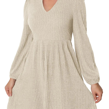 MarryUP Long Sleeve Sweater Dress for Women 2024 Cute V Neck A - Line Swing Casual Mini Wedding Guest Dresses with Pockets Apricot S - Lamarshop1