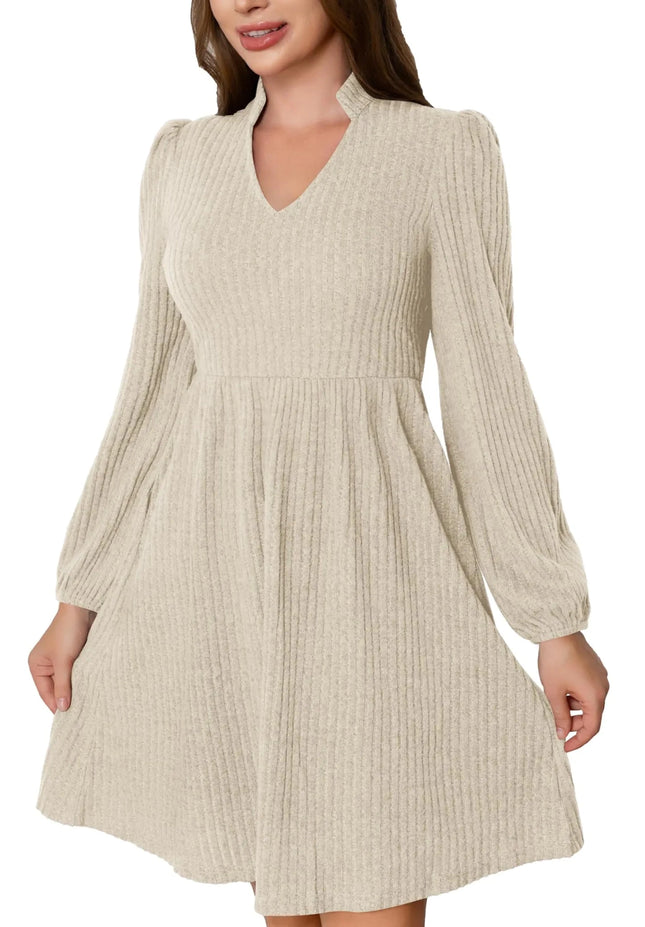 MarryUP Long Sleeve Sweater Dress for Women 2024 Cute V Neck A - Line Swing Casual Mini Wedding Guest Dresses with Pockets Apricot S - Lamarshop1