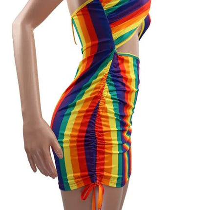 Sexy Rainbow Tie Dye Halter Bodycon Mini Dress for Women