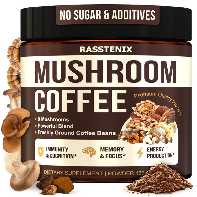 Rasstenix Mushroom Coffee Organic - 9 Mushroom Adaptogen Mix - Lions Mane Chaga Turkey Tail Reishi Shiitake - Instant Mushrooms Coffee for Gut Health Energy Mental Clarity - 60 Servings - Lamarshop1