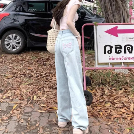 Ballet Embroidery Light Blue Wide-Leg Jeans