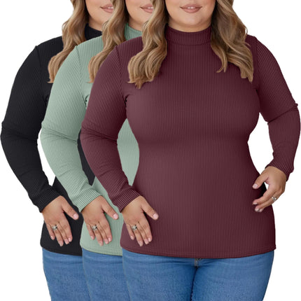 Riyiper 3 Pack Womens Ribbed Plus Size Mock Turtleneck Tops Long Sleeve Slim Fit T-Shirts Pullover Sweater Basic Layer Top(Black Light Green Wine Red4X - Large) - Lamarshop1