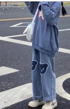 Bear Patchwork Wide-Leg Jeans for Women