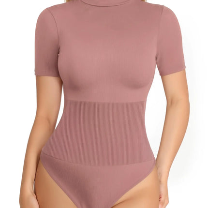 MANGOPOP Tummy Control Thong Shapewear Bodysuit for Women Short Sleeve Turtleneck Top Seamless Ribbed Body Suit (Marsala) - Lamarshop1