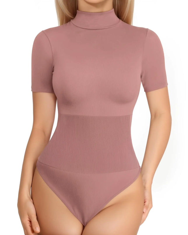 MANGOPOP Tummy Control Thong Shapewear Bodysuit for Women Short Sleeve Turtleneck Top Seamless Ribbed Body Suit (Marsala) - Lamarshop1