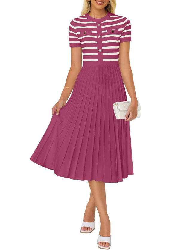 ZESICA Womens Casual Striped Midi Dress Crewneck Short Sleeve Button Ribbed Knit Swing Pleated A Line DressesPlumMedium - Lamarshop1