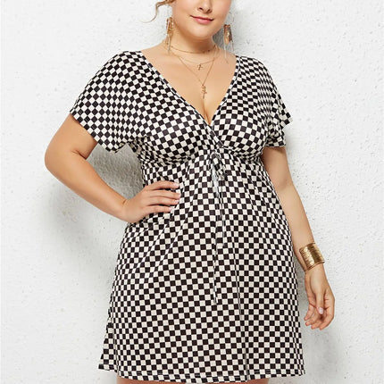 Printed Deep V-Neck Dress with Elastic Waist