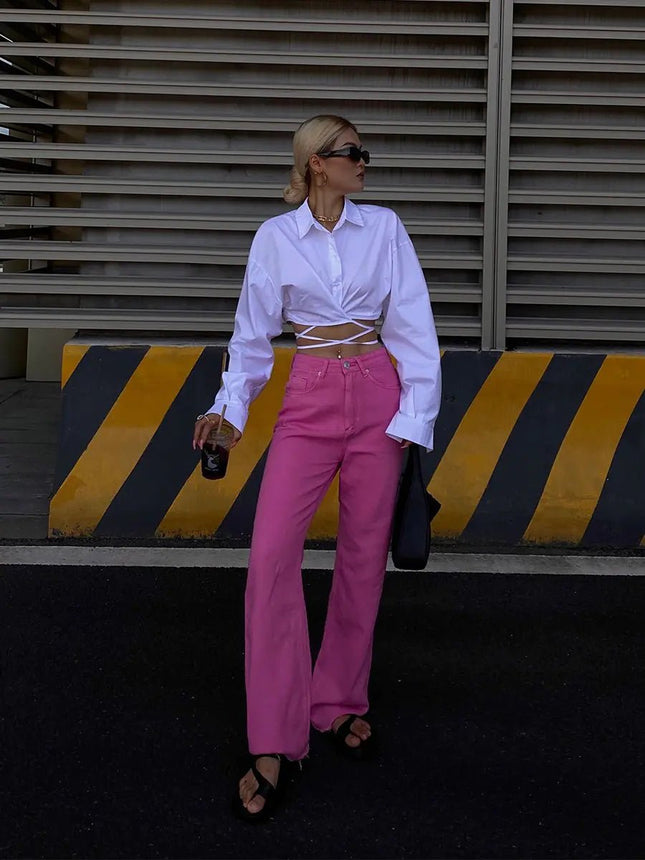 Women's Rose Red High Waist Wide Leg Jeans